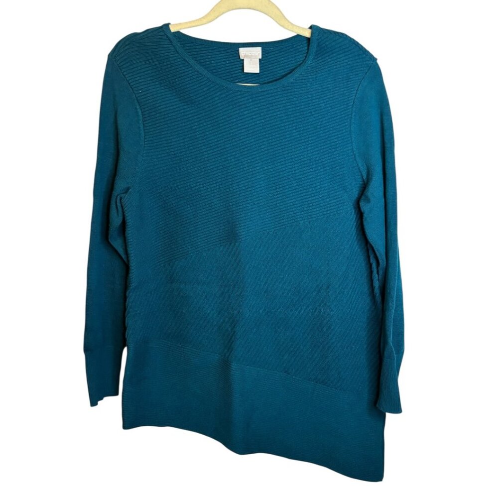 Chico's Sweater Women's Medium Ribbed‎ Knit Tunic Office Business Green Chicos 1